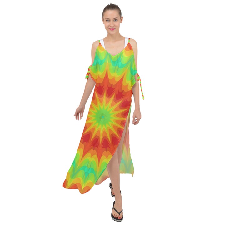 Kaleidoscope Background Mandala Red green Maxi Chiffon Cover Up Dress