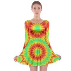 Kaleidoscope Background Red Yellow Long Sleeve Skater Dress by Mariart