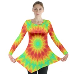 Kaleidoscope Background Red Yellow Long Sleeve Tunic  by Mariart