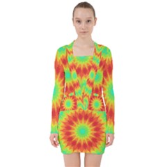 Kaleidoscope Background Red Yellow V-neck Bodycon Long Sleeve Dress