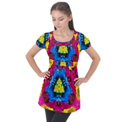 Flowers Kaleidoscope Mandala Puff Sleeve Tunic Top