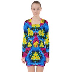 Flowers Kaleidoscope Mandala V-neck Bodycon Long Sleeve Dress