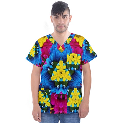 Flowers Kaleidoscope Mandala Men s V-neck Scrub Top by Mariart