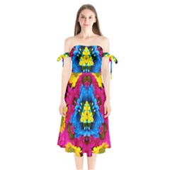 Flowers Kaleidoscope Mandala Shoulder Tie Bardot Midi Dress by Mariart