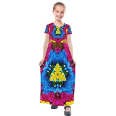 Flowers Kaleidoscope Mandala Kids  Short Sleeve Maxi Dress