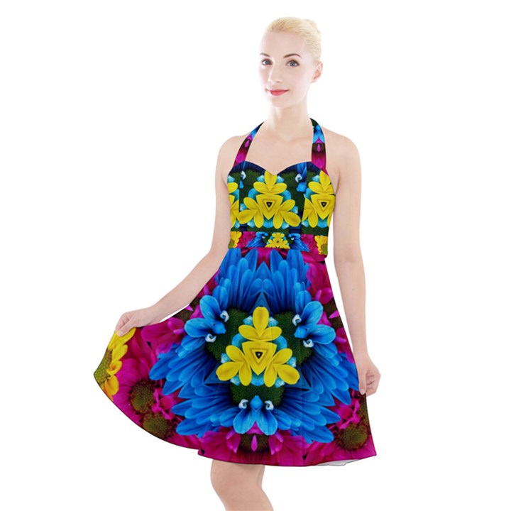 Flowers Kaleidoscope Mandala Halter Party Swing Dress 