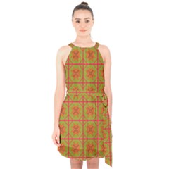 Western Pattern Backdrop Halter Collar Waist Tie Chiffon Dress by Mariart