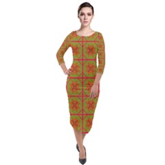 Western Pattern Backdrop Quarter Sleeve Midi Velour Bodycon Dress