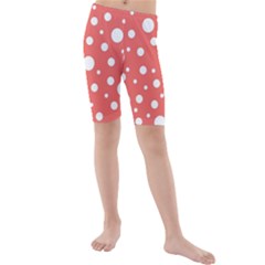 Polka Dot On Living Coral Kids  Mid Length Swim Shorts by LoolyElzayat