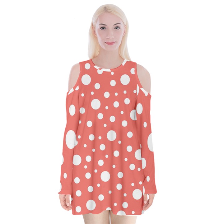 Polka Dot On Living Coral Velvet Long Sleeve Shoulder Cutout Dress