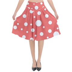 Polka Dot On Living Coral Flared Midi Skirt by LoolyElzayat