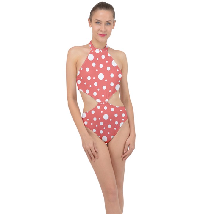 Polka Dot On Living Coral Halter Side Cut Swimsuit