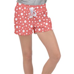 Polka Dot On Living Coral Women s Velour Lounge Shorts by LoolyElzayat