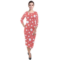 Polka Dot On Living Coral Quarter Sleeve Midi Velour Bodycon Dress