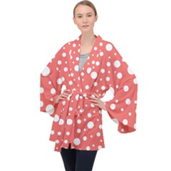 Polka Dot On Living Coral Velvet Kimono Robe