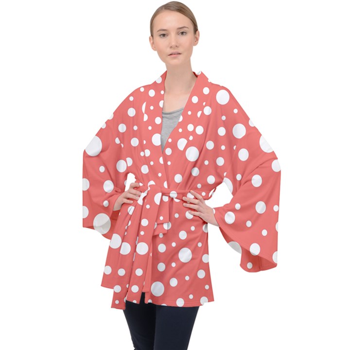 Polka Dot On Living Coral Velvet Kimono Robe