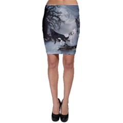 Awesome Black And White Wolf In The Dark Night Bodycon Skirt by FantasyWorld7