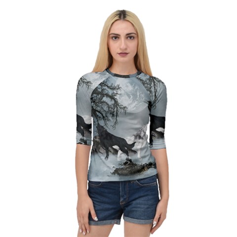 Awesome Black And White Wolf In The Dark Night Quarter Sleeve Raglan Tee by FantasyWorld7