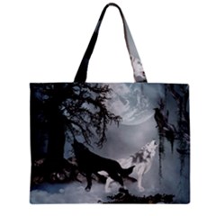 Awesome Black And White Wolf In The Dark Night Zipper Mini Tote Bag by FantasyWorld7