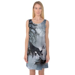 Awesome Black And White Wolf In The Dark Night Sleeveless Satin Nightdress by FantasyWorld7