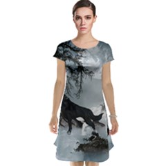 Awesome Black And White Wolf In The Dark Night Cap Sleeve Nightdress by FantasyWorld7