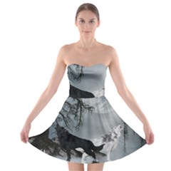 Awesome Black And White Wolf In The Dark Night Strapless Bra Top Dress by FantasyWorld7