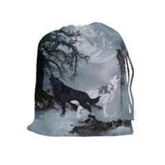 Awesome Black And White Wolf In The Dark Night Drawstring Pouch (xl) by FantasyWorld7