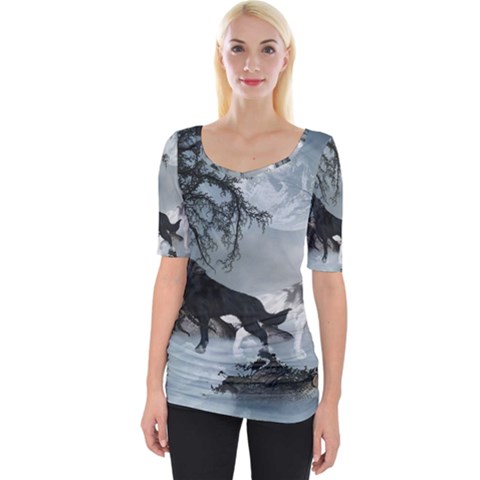 Awesome Black And White Wolf In The Dark Night Wide Neckline Tee by FantasyWorld7