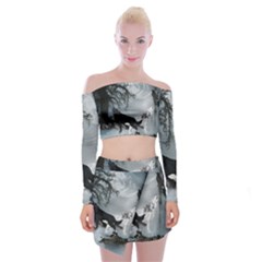 Awesome Black And White Wolf In The Dark Night Off Shoulder Top With Mini Skirt Set by FantasyWorld7