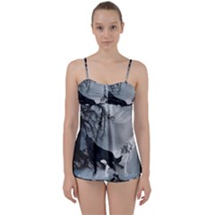 Awesome Black And White Wolf In The Dark Night Babydoll Tankini Set by FantasyWorld7