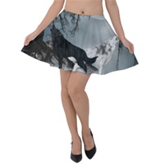 Awesome Black And White Wolf In The Dark Night Velvet Skater Skirt by FantasyWorld7