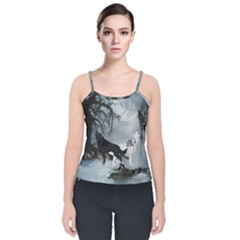 Awesome Black And White Wolf In The Dark Night Velvet Spaghetti Strap Top by FantasyWorld7