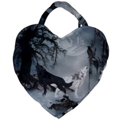 Awesome Black And White Wolf In The Dark Night Giant Heart Shaped Tote by FantasyWorld7