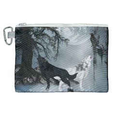 Awesome Black And White Wolf In The Dark Night Canvas Cosmetic Bag (xl) by FantasyWorld7