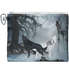 Awesome Black And White Wolf In The Dark Night Canvas Cosmetic Bag (xxxl) by FantasyWorld7