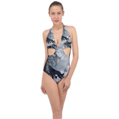 Awesome Black And White Wolf In The Dark Night Halter Front Plunge Swimsuit by FantasyWorld7