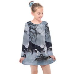 Awesome Black And White Wolf In The Dark Night Kids  Long Sleeve Dress by FantasyWorld7