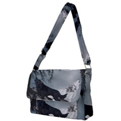 Awesome Black And White Wolf In The Dark Night Full Print Messenger Bag by FantasyWorld7