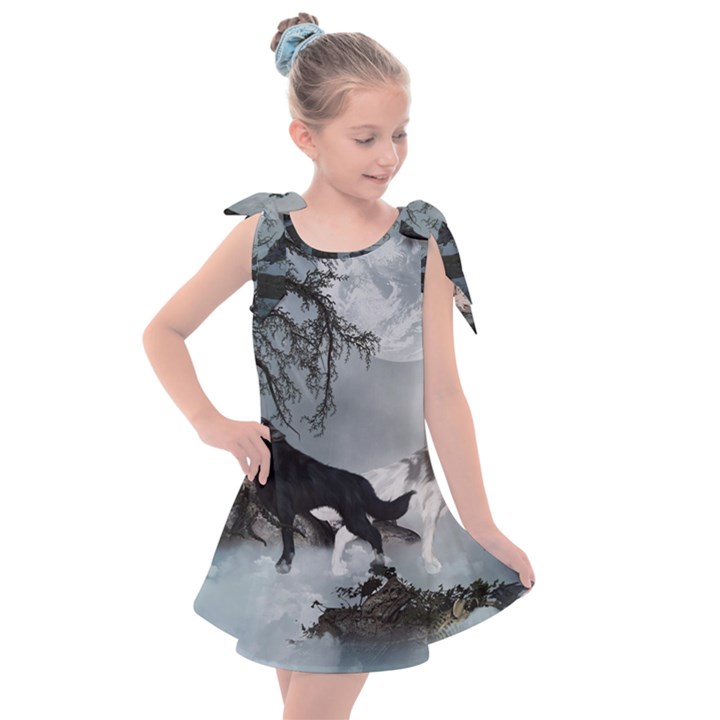 Awesome Black And White Wolf In The Dark Night Kids  Tie Up Tunic Dress