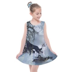 Awesome Black And White Wolf In The Dark Night Kids  Summer Dress by FantasyWorld7