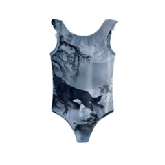 Awesome Black And White Wolf In The Dark Night Kids  Frill Swimsuit by FantasyWorld7