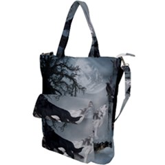 Awesome Black And White Wolf In The Dark Night Shoulder Tote Bag by FantasyWorld7