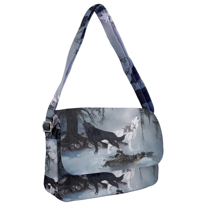 Awesome Black And White Wolf In The Dark Night Courier Bag