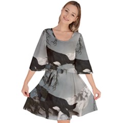 Awesome Black And White Wolf In The Dark Night Velour Kimono Dress by FantasyWorld7