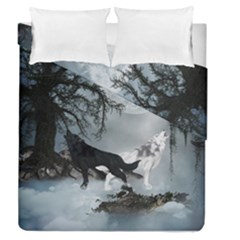 Awesome Black And White Wolf In The Dark Night Duvet Cover Double Side (queen Size) by FantasyWorld7