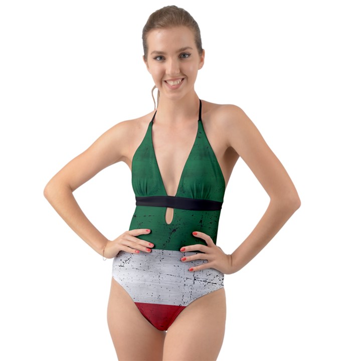 Flag Patriote Quebec Patriot red green white grunge Separatism Halter Cut-Out One Piece Swimsuit