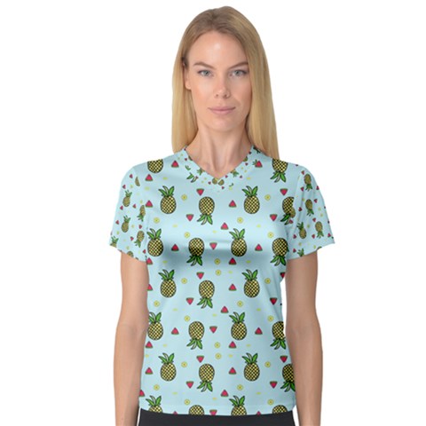 Pineapple Watermelon Fruit Lime V-neck Sport Mesh Tee by Mariart