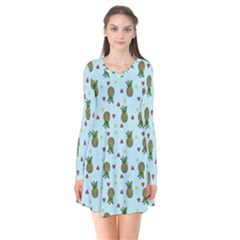 Pineapple Watermelon Fruit Lime Long Sleeve V-neck Flare Dress by Mariart