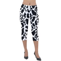 Black On White Cow Skin Lightweight Velour Capri Leggings  by LoolyElzayat