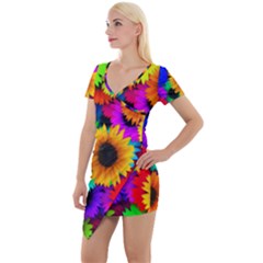 Sunflower Colorful Short Sleeve Asymmetric Mini Dress by Mariart